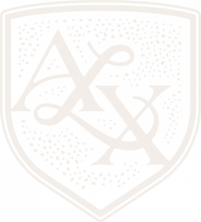 Faint shield logo with overlapping letters "A" and "X" and small dotted pattern in the background.